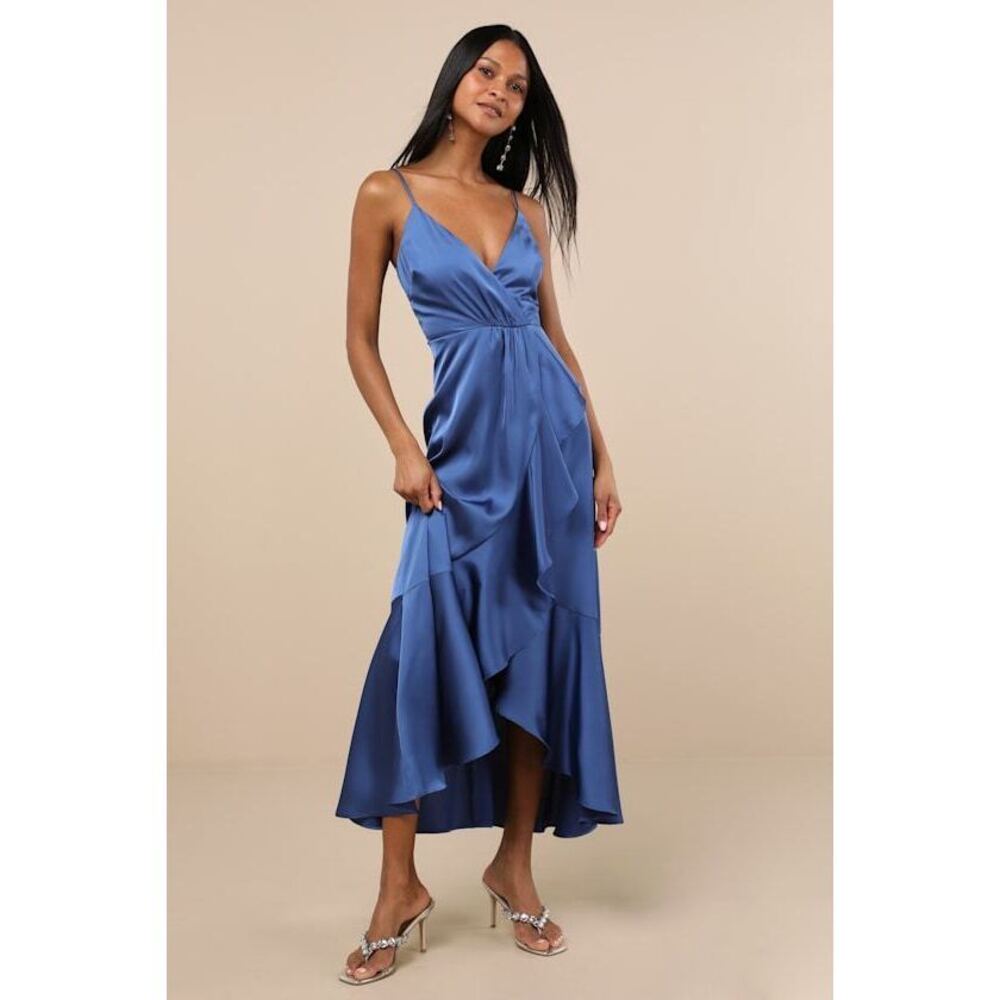 Lulus Enchanted Moments Blue Satin Ruffled High-low Dress - Size L